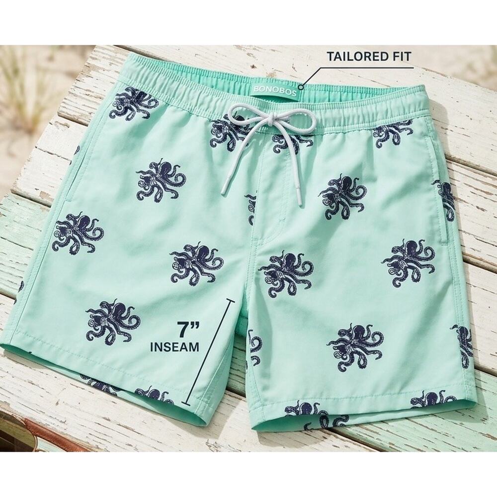 Bonobos Men's Swim Shorts Octopus Print Tailored Fit 7" Inseam Light Blue Navy M